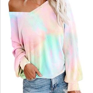 Tie Dye Waffle Knit Pullover Sweater Top